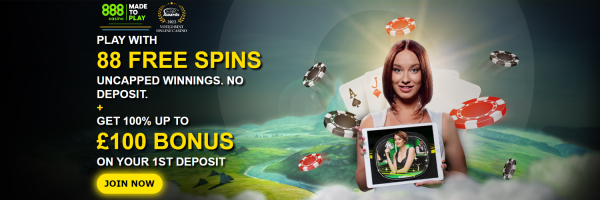 888 New Customer Offer: 88 Free Spins + Get 100% Up To £100 Bonus - Blackjack