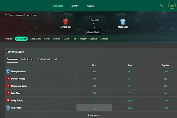 bet365 Bet Builder - game selection