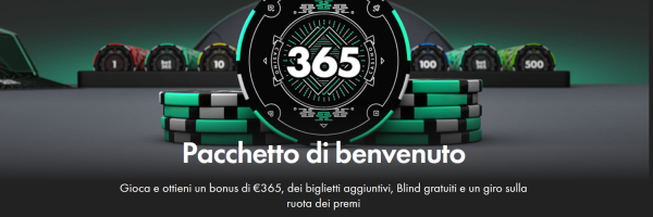 Pacchetto di benvenuto Gioca e ottieni un bonus di €365, dei biglietti aggiuntivi, Blind gratuiti e un giro sulla ruota dei premi