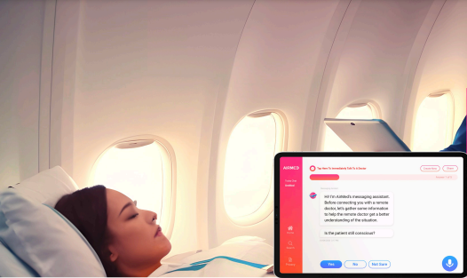 A person lying in a plane seat, appearing to rest, with a tablet displaying a digital assistant chat. The screen shows a message about connecting with a remote doctor before a flight. Airplane windows are visible in the background.