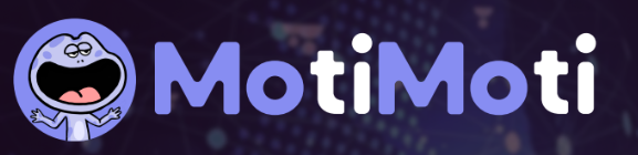 Logo with a circular character on the left, having a large open mouth and arms raised. The text MotiMoti is in bold purple letters to the right. The background is dark with abstract shapes.