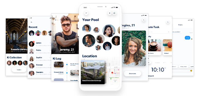 A smartphone displays a social media app interface with profile pictures, locations, and recent activities. The screen shows circular profile images, a map, and messaging options. Five blurred background screens hint at additional features.