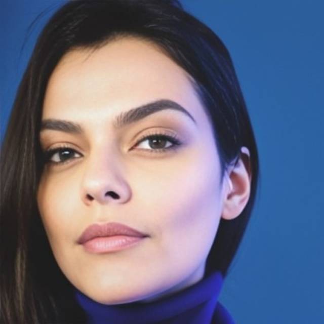 A person with long dark hair, wearing a blue turtleneck, is looking at the camera with a calm expression. The background is a solid blue color.