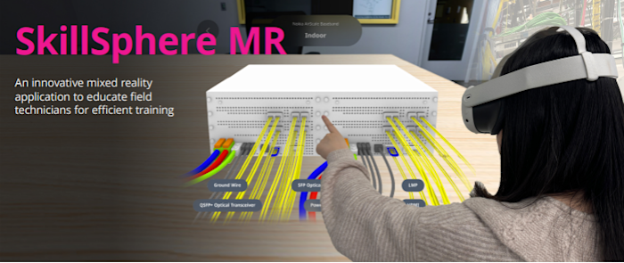 A person wearing a VR headset interacts with a mixed reality simulation of a network device. Bright yellow lines represent connections, with labels like Ground Wire and SFP Optical Transceiver. The text reads SkillSphere MR and describes it as a training tool.