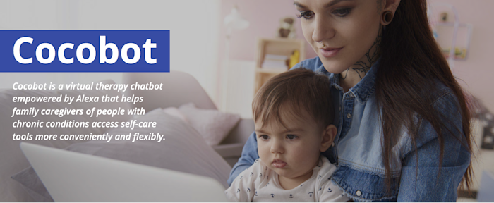 A woman with tattoos sits on a couch holding a toddler while looking at a laptop. A blue banner reads Cocobot, and text describes Cocobot as a virtual therapy chatbot for family caregivers to access self-care tools.