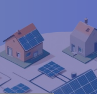Two small houses with solar panels on their roofs are connected to multiple ground-based solar panels. The background is a plain blue gradient.