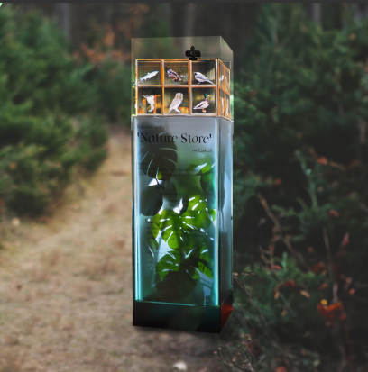 A tall glass display in a forest setting features cube compartments with bird figures above, and green plants below. Soft lighting highlights the display. The text Nature Store is visible on the front. Trees and a path are in the background.