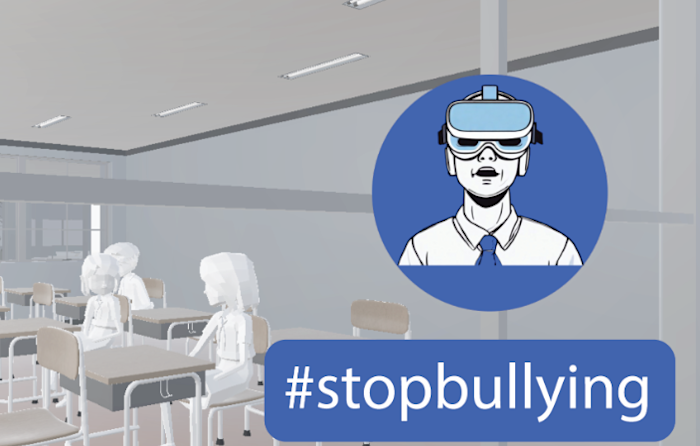 Illustration of faceless students in a classroom. A person wearing VR goggles is featured inside a blue circle. The text #stopbullying is prominently displayed below.