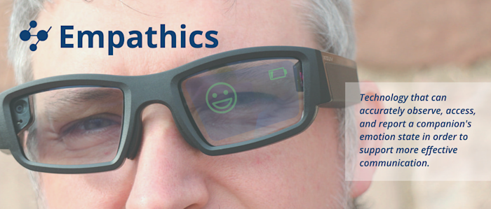 A close-up of a person wearing smart glasses displaying a green smiley face. The text reads Empathics and describes the technologys ability to observe, access, and report a companions emotional state for effective communication.