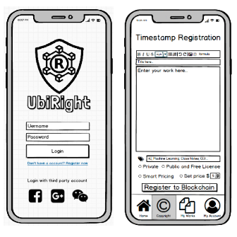 Illustration of two smartphone screens showing the UbiRight app. The left screen has login fields for username and password, with third-party login options. The right screen shows a timestamp registration form with options for privacy and pricing.