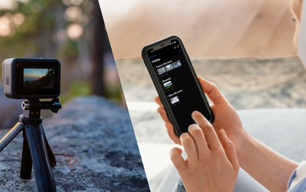 A person uses a smartphone with a photo editing app. Nearby, a GoPro camera is mounted on a small tripod outdoors, capturing a scenic view.