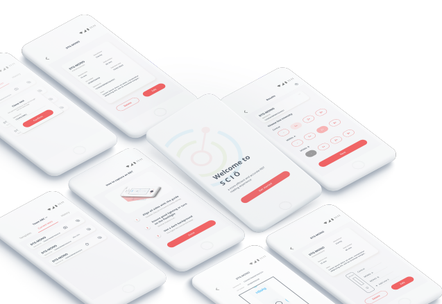 A collection of smartphone screens displaying a sleek mobile app interface. Each screen features different elements like login, settings, and welcome pages, all designed with a clean white background and red accents for buttons.