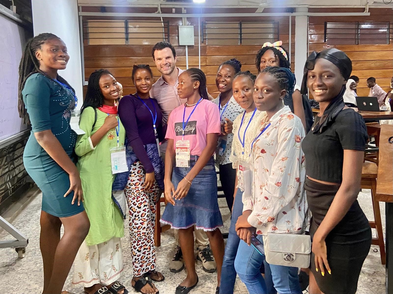 Casserly with participants from a technology bootcamp for young women at the makerspace that he helped establish at the University of Ibadan.