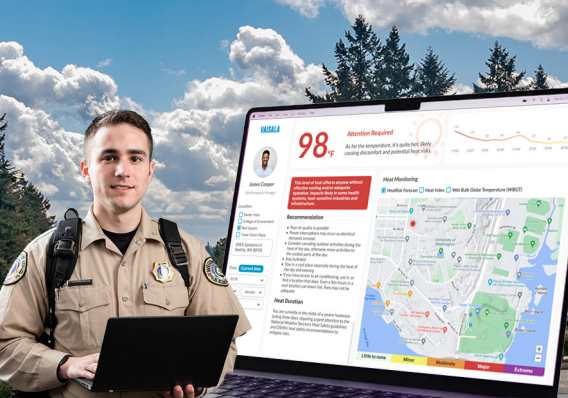 A young man in a uniform holds a red report folder, standing outdoors with trees and clouds behind him. A laptop screen displays weather data and a heat map for Seattle, indicating an attention-required alert for high temperature.