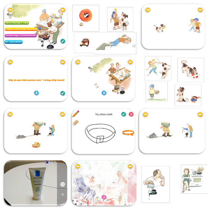 A collage of illustrated scenes: parents with a baby, a boy and a dog, a dog and a box, parents handling baby items, children playing, and a tube of cream on a white table. Also includes a drawing of a belt and various diagrams.