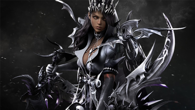 A woman in dark armor holds a large, curved, ornate blade in either hand.