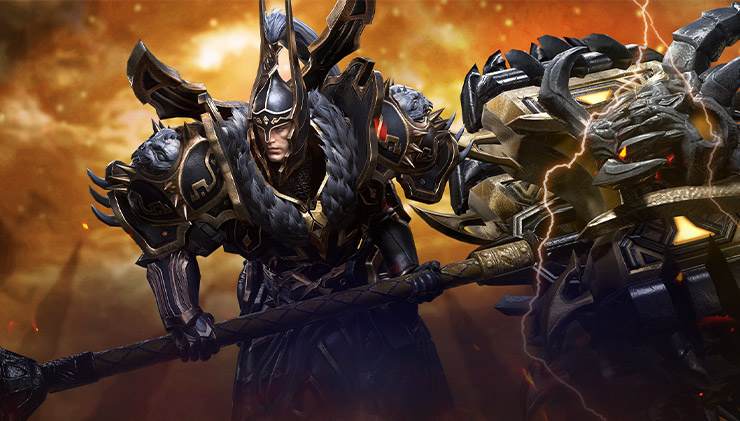 El destructor, clase avanzada del guerrero, está listo para luchar con un martillo enorme y ataviado con una armadura gris con ribetes dorados.
