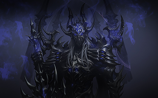 Un guerrero imponente con armadura negra rodeado de humo violeta.