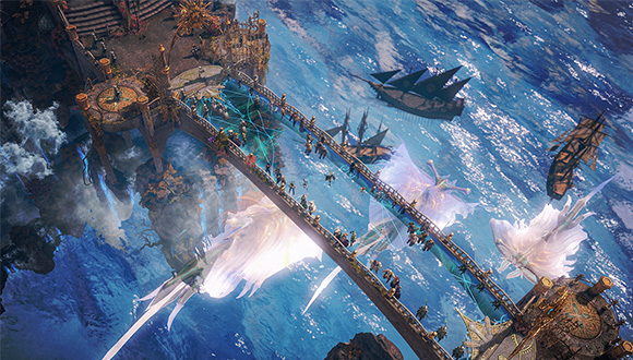 An aerial view of a translucent bridge over deep, clear waters. Giant winged creatures move serenely under the bridge, alongside ships. 