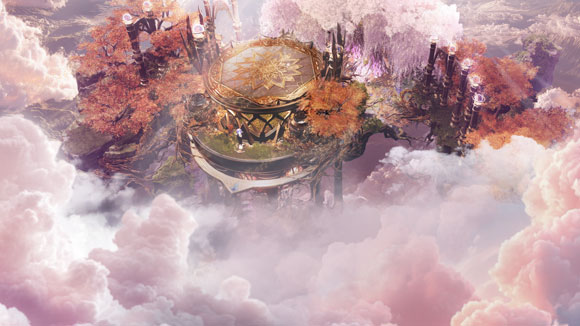 Circular platform with an ornate golden mandala pattern in the center. Surrounded by pink-hued clouds. A large cherry blossom tree stands in the background.