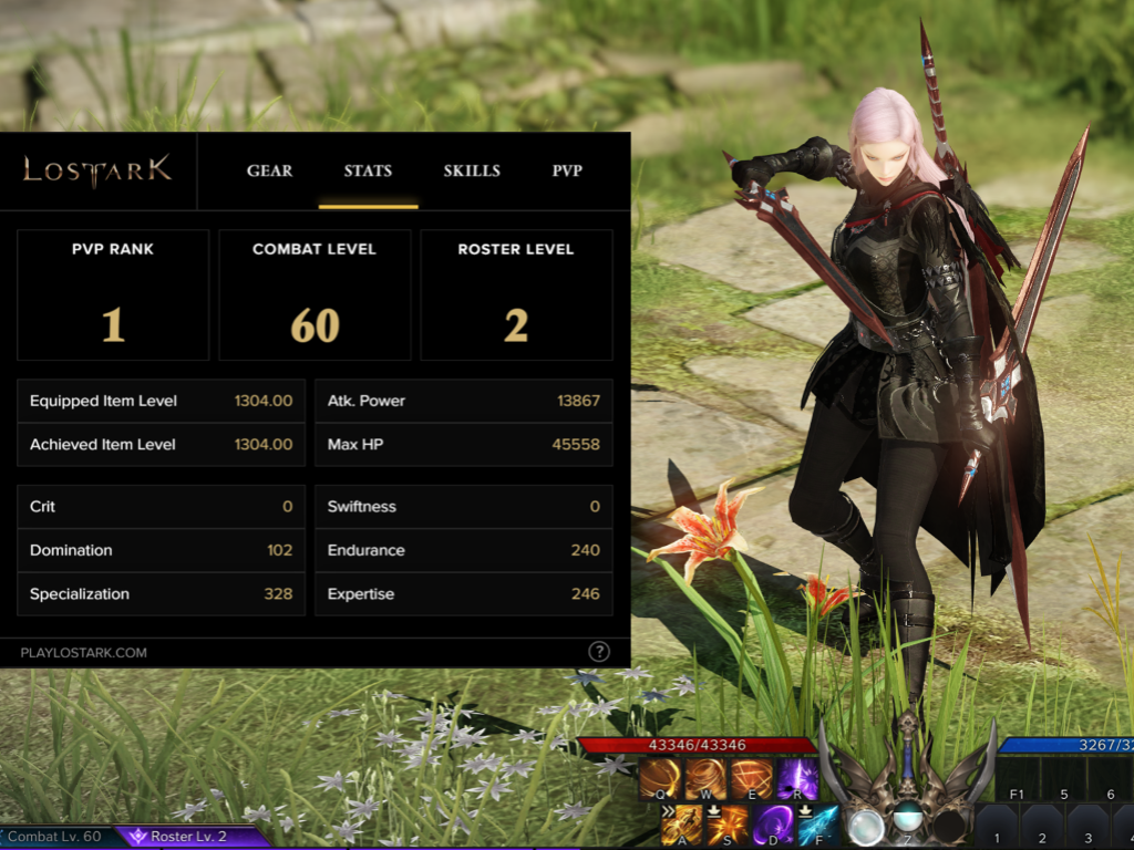 The Lost Ark Armory Twitch extension overlay on a Lost Ark game screen.  The overlay is displaying the character stats.