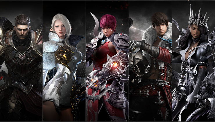 Five split screens: A man with slicked-back dark hair in armor, an elfin woman in all white, a woman with pink hair with weapons, a man with dark hair brushed forward in a red coat and gloves, and a woman with dark hair, and a crown of spikes.