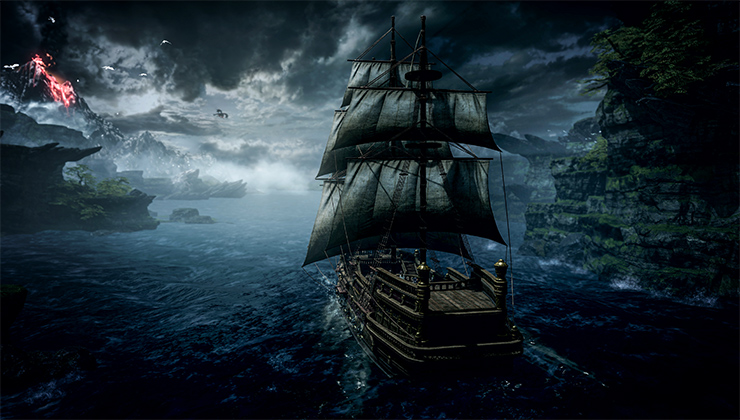 A ship sails toward the far horizon over dark waters. The sky above is stormy, and in the distance a volcano is erupting.