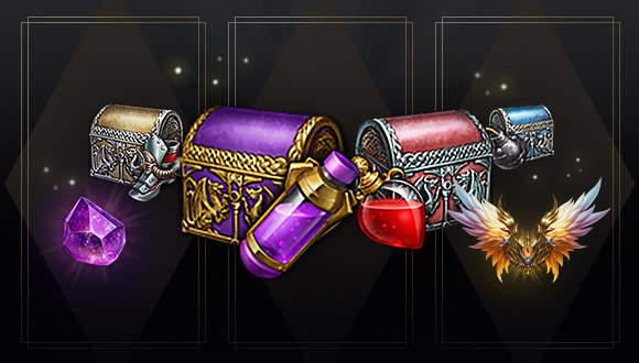 a 4 Battle Item Chest (includes Healing, Utility, Buff, and Offensive Battle Item Chests), Crystalline Aura, and an Amethyst Shard Pack