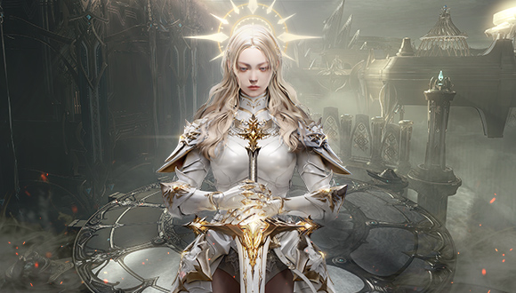 Art for "Lost Ark: Rise of the Valkyrie" showing the valkyrie character in ornate white and gold armor against a misty cathedral-like background.