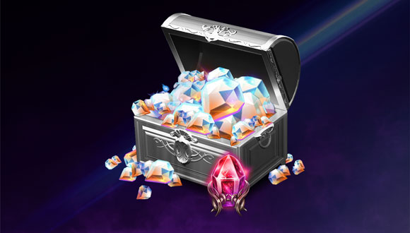 A silver chest overflows with royal crystals. The chest has a large red glowing stone next to it.