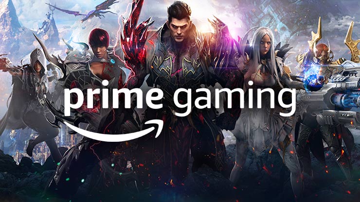 Amazon Prime Gaming logo and Lost Ark key art of several characters stand in a group pose, looking determined and deadly. Around them, darkness swirls in a storm. 