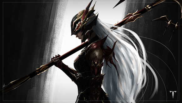 Guardianknight with white hair against black and white background