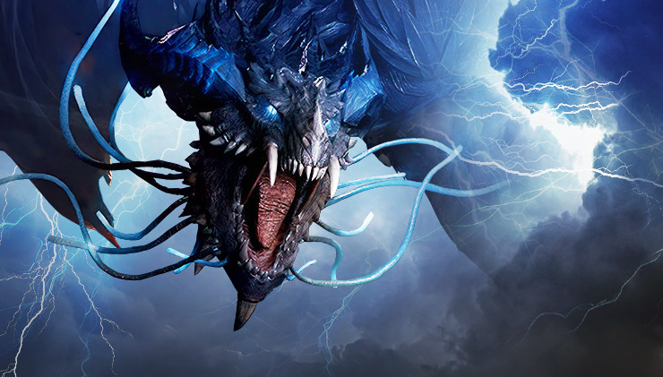 Key Art mit dem Behemoth, einem drachenähnlichen Monster mit leuchtend blauen Augen, das auf den Zuschauer zufliegt. Darunter steht der Text „Verfolgt den Sturm“.