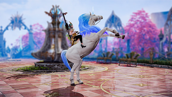 A player rides a Unicorn mount from the new Twitch Drop. It rears back, head and front legs high in the air.