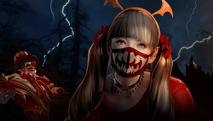 A blonde girl with pigtails and a fanged face mask is in the foreground. In the background is an Kakul-Saydon, and a six-pointed stars with symbols inside it. 