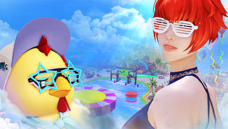 Un grand poussin portant des lunettes de soleil à étoiles et une casquette de baseball se trouve à gauche, un personnage aux cheveux roux et courts et avec des lunettes de soleil blanches se trouve à droite. 