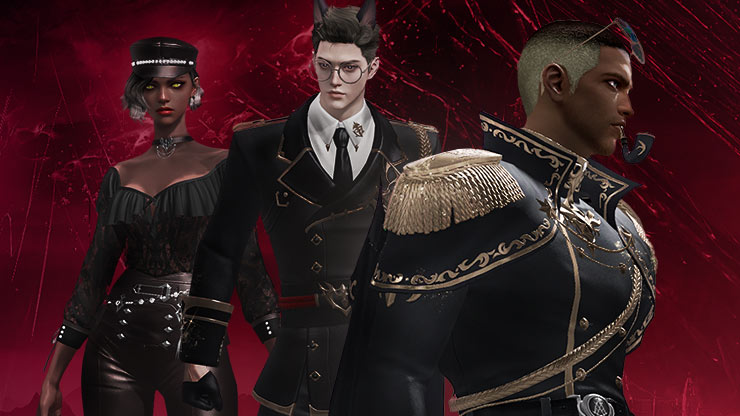 Three characters model new skins. Black outfits, gold trim, fitted. Steampunk. 