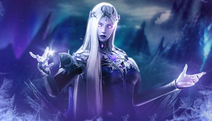 Brelshaza is ghostly feminine figure with glowing blue skin and long white hair. She summons icy magic amid a foreboding glacial landscape.