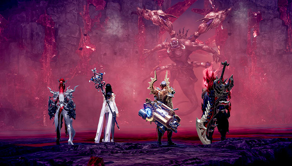 Four heroes face an enemy emerging from the cave of sin.