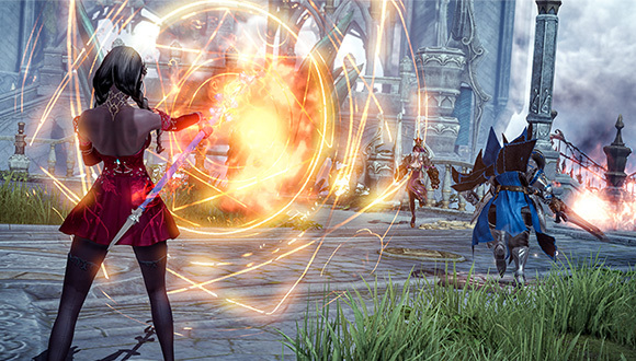 A cast of characters participate in the Proving Grounds, engaging in a PvP battle. A mage prepares a spell, while in the background a warrior and martial artist charge each other.