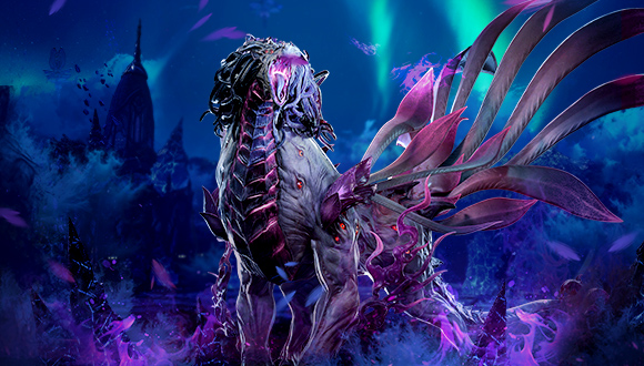 Art for Lost Ark: Rimeria Besieged. Tarkal, one of the newest bosses, stands in center. It is an alien, demonic creature covered in eyes and wings.