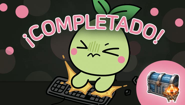 Un mokoko verde con mejillas rosa escribe en un teclado. El objetivo está completo.  
