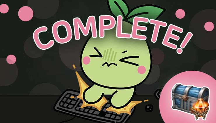 A green Mokoko with pink cheeks types on a keyboard. The objective is complete.  