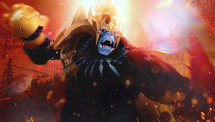 An armored, muscular gorilla, Hanumatan, has glowing blue markings and roars menacingly. He stands in amongst castle ramparts wielding a large metal ball.