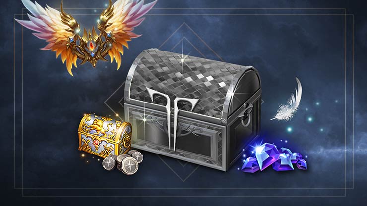 Essential Starter Pack items including a silver chest, silver coins, blue crystals, and a white feather.