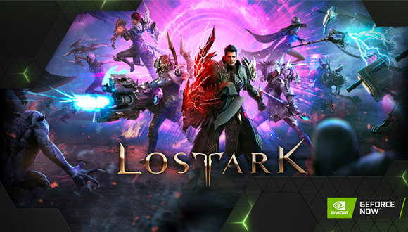 Various Lost Ark classes stand, surrounded by enemies. The image is framed with NVIDIA GEFORCE NOW branding.