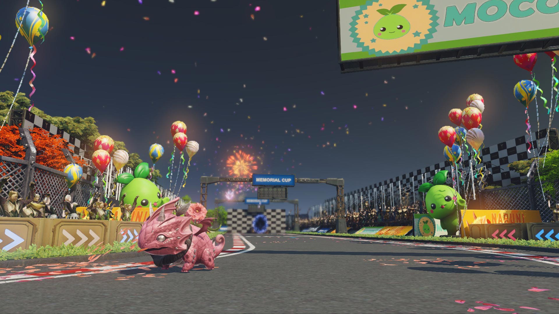 A snapshot of the Arkesia Grand Prix. Balloons, fireworks, and other celebrations are visible as a small pink lizard zooms around a racetrack.
