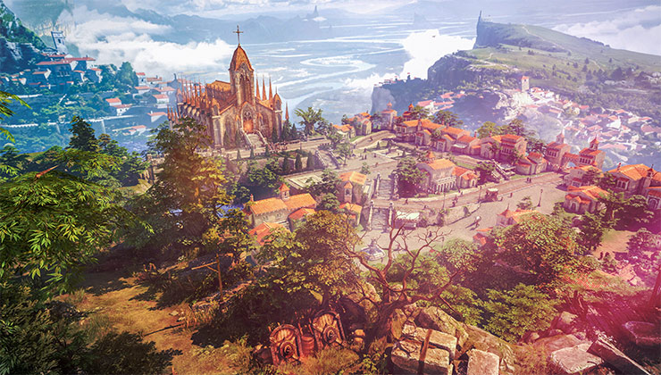 A sprawling image of a town. A large church with a cross on top sits at the focal point surrounded by small houses and other villages in the distance. There are trees, stones, and other lush greenery. The location is cliffside.