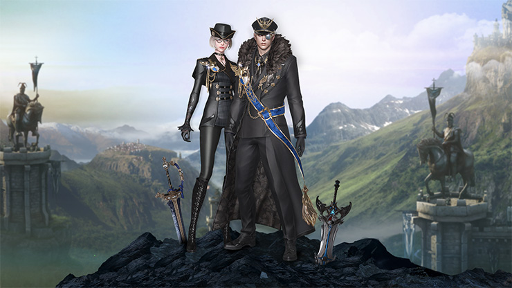 Dos personajes de pie vestidos con uniformes negros, ajustados, con hebillas de oro y metales que adornan la parte superior. El hombre a la izquierda usa una faja azul. Hay dos espadas en la roca frente a ellos. 