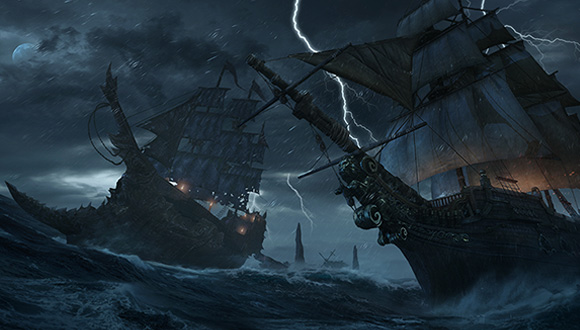 Two ships sway in a stormy sea.